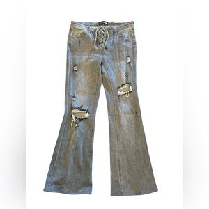 Fashion Nova Lace up Bell Bottom Flare Jeans Distressed Faded Gray 11 NWT